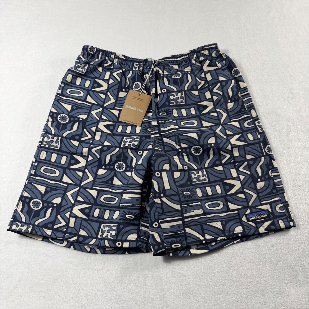 Patagonia Baggies Longs Men XS Blue Geometric Gorpcore Outdoor 7" Shorts NWT